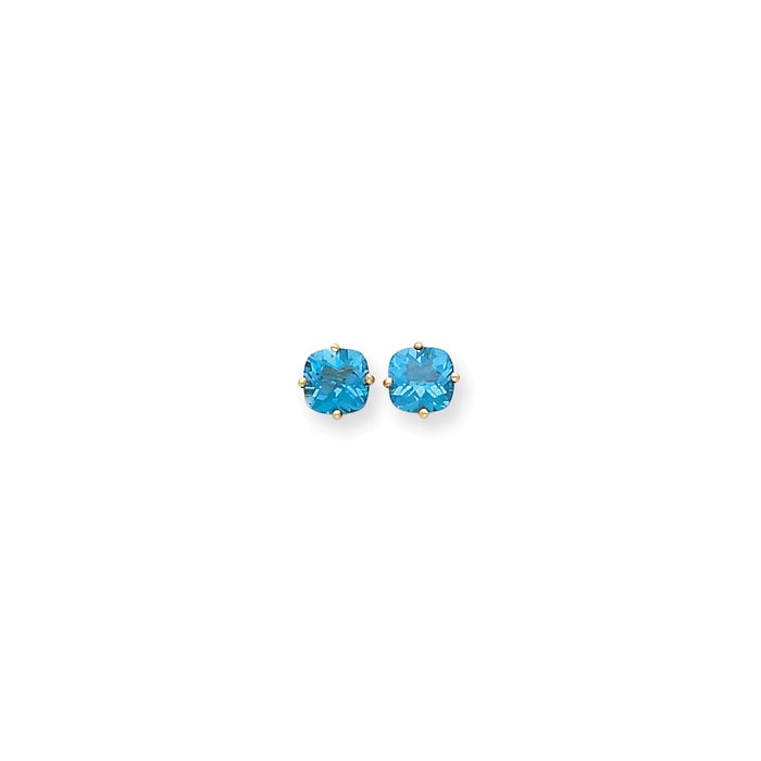 Million Charms 14k Yellow Gold 7x7mm Cushion Blue Topaz Checker Earring, 8mm x 8mm