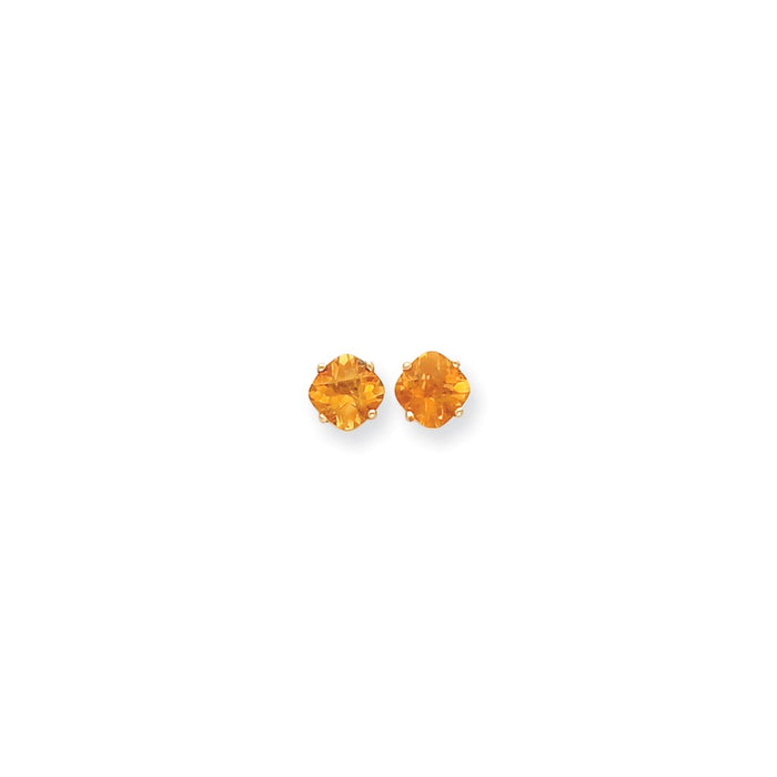 Million Charms 14k Yellow Gold 7x7mm Cushion Citrine Checker Earring, 8mm x 8mm