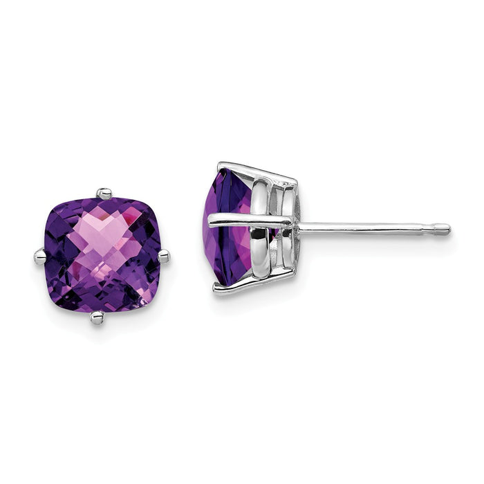 Million Charms 14k White Gold 7x7mm Cushion Amethyst Checker Earring, 8mm x 8mm