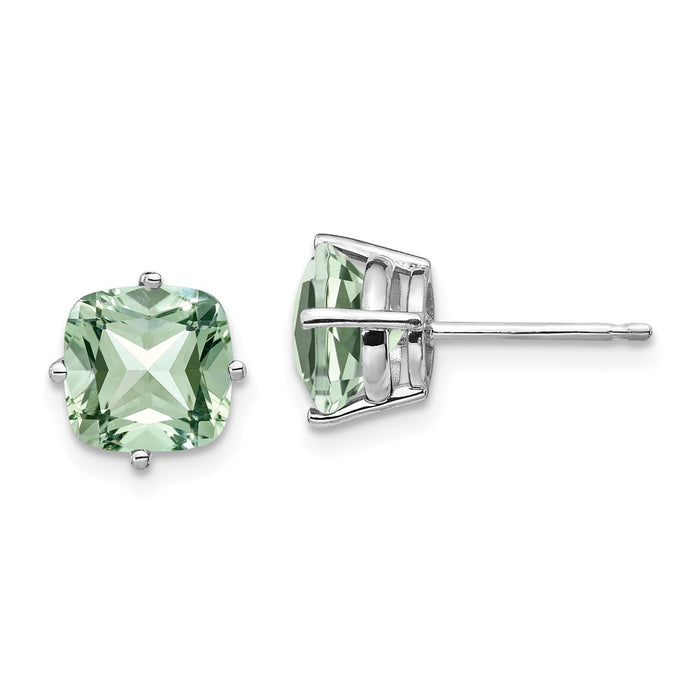 Million Charms 14k White Gold 7mm Cushion Green Quartz Earring, 8mm x 8mm