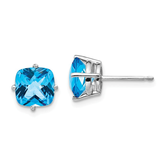 Million Charms 14k White Gold 7x7mm Cushion Blue Topaz Checker Earring, 8mm x 8mm