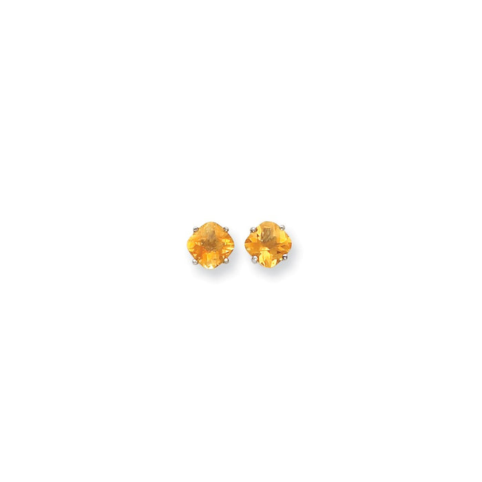 Million Charms 14k White Gold 7x7mm Cushion Citrine Checker Earring, 8mm x 8mm