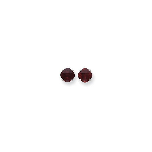 Million Charms 14k White Gold 7x7mm Cushion Garnet Checker Earring, 8mm x 8mm
