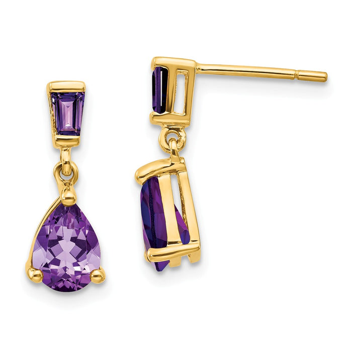 Million Charms 14k Yellow Gold Gold Amethyst Dangle Post Earrings, 15mm x 5mm