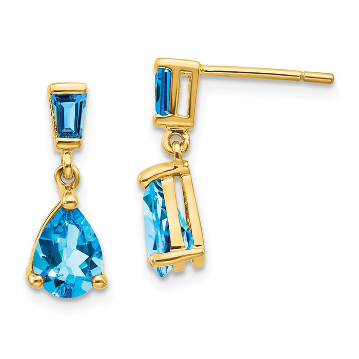 Million Charms 14k Yellow Gold Gold Blue Topaz Dangle Post Earrings, 15mm x 5mm