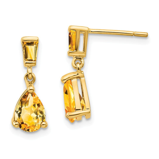Million Charms 14k Yellow Gold Gold Citrine Dangle Post Earrings, 15mm x 5mm