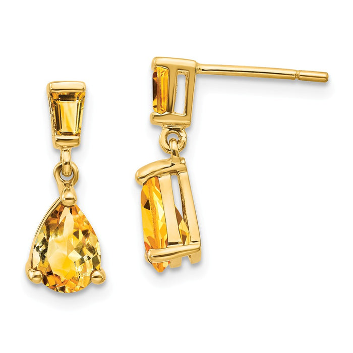 Million Charms 14k Yellow Gold Gold Citrine Dangle Post Earrings, 15mm x 5mm