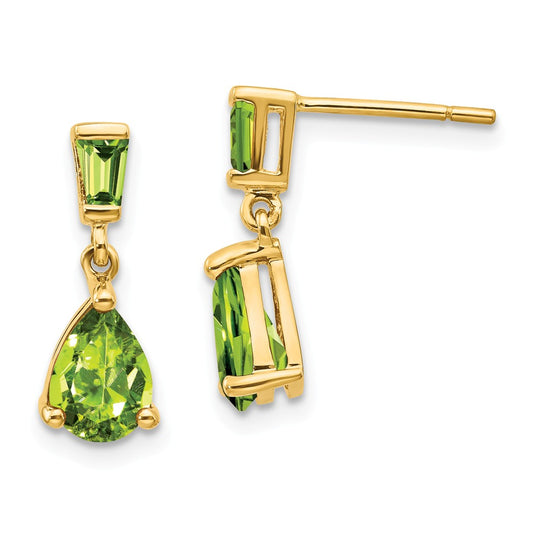 Million Charms 14k Yellow Gold Gold Peridot Dangle Post Earrings, 15mm x 5mm