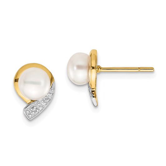 14k Yellow Gold 5-6mm White Button Freshwater Cultured Pearl .01ct Diamond Post Earrings, 13mm x 9mm
