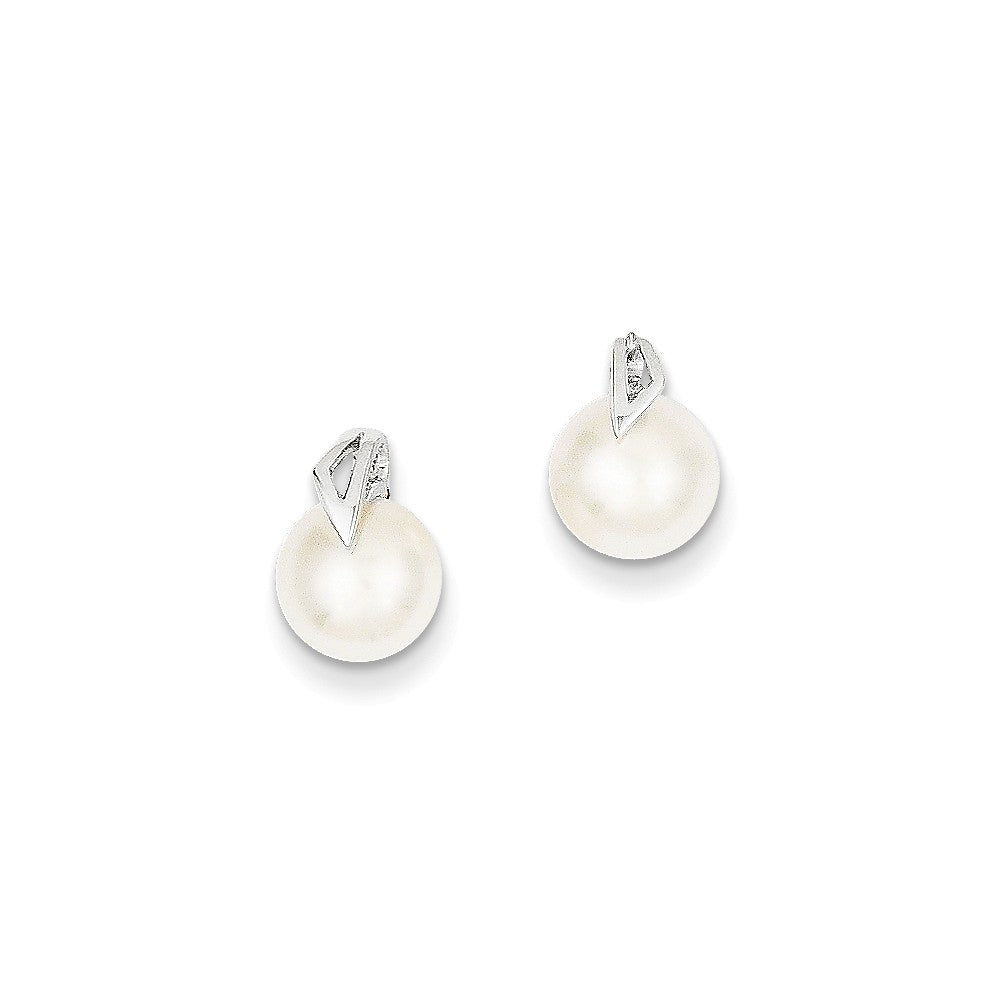 Million Charms 14K White Gold 7-8mm Button Freshwater Cultured Pearl Post Earrings, 12mm x 7 to 8mm