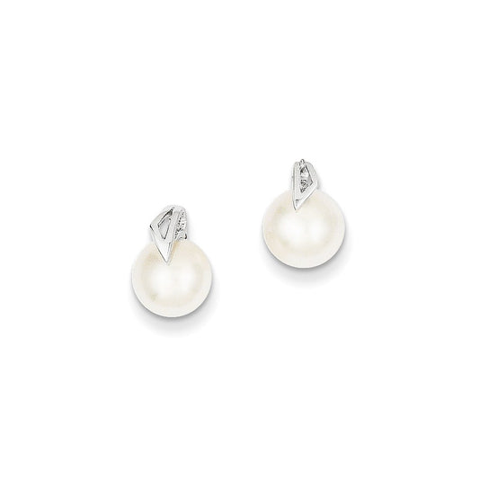 Million Charms 14K White Gold 7-8mm Button Freshwater Cultured Pearl Post Earrings, 12mm x 7 to 8mm