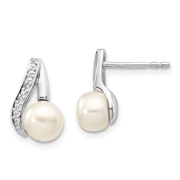 14K White Gold 6-7mm Button Freshwater Cultured Pearl .02ct Diamond Post Earrings, 8mm x 9mm
