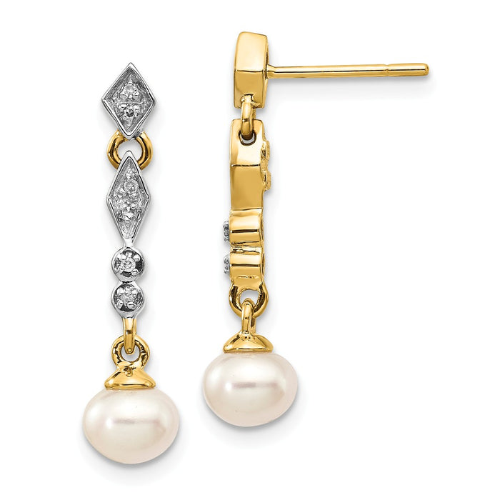 14k Yellow Gold & Rhodium 5-6mm Semi-round Freshwater Cultured Pearl .04ct Diamond Dangle Earrings, 25mm x 8mm