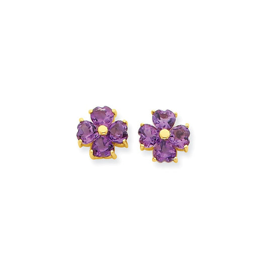 Million Charms 14k Yellow Gold Heart-shaped Amethyst Flower Post Earrings, 9mm x 9mm