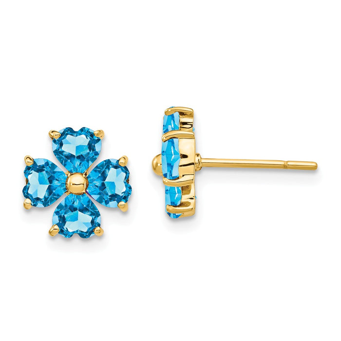 Million Charms 14k Yellow Gold Heart-shaped Swiss Blue Topaz Flower Post Earrings, 9mm x 9mm