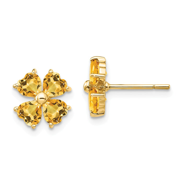 Million Charms 14k Yellow Gold Heart-shaped Citrine Flower Post Earrings, 9mm x 9mm