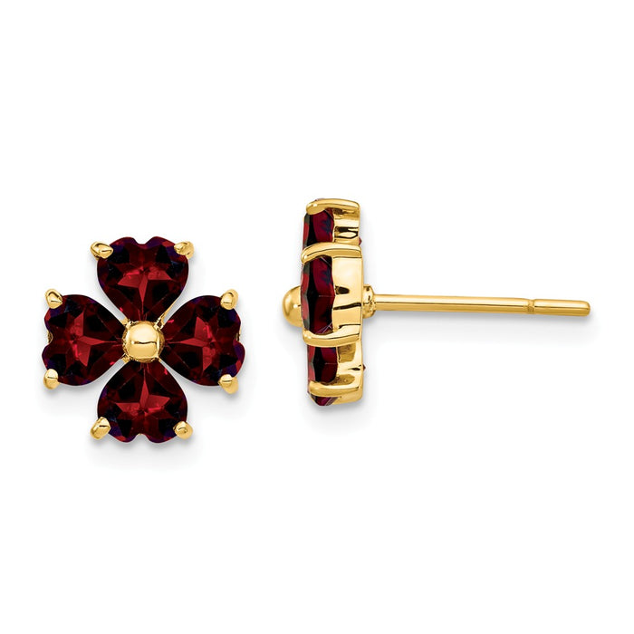 Million Charms 14k Yellow Gold Heart-shaped Garnet Flower Post Earrings, 9mm x 9mm