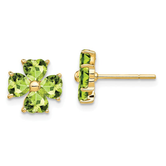 Million Charms 14k Yellow Gold Heart-shaped Peridot Flower Post Earrings, 9mm x 9mm
