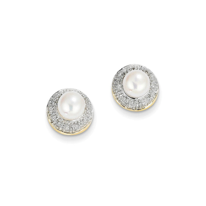 14k & Rhodium 5-6mm Button Freshwater Cultured Pearl .05ct Diamond Post Earrings, 10mm x 10mm