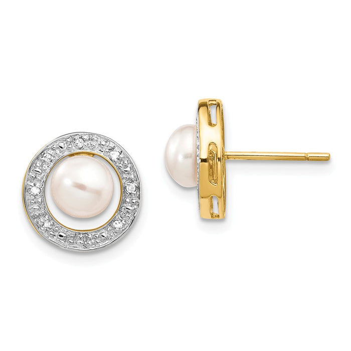 14k & Rhodium 5-6mm Button Freshwater Cultured Pearl .05ct Diamond Post Earrings, 10mm x 10mm