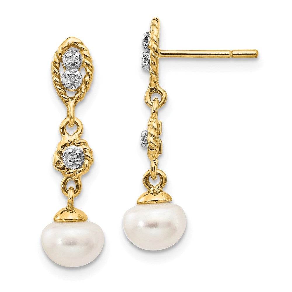 14k & Rhodium 6-7mm Semi-round Freshwater Cultured Pearl .02ct Diamond Dangle Earrings, 15mm x 10mm