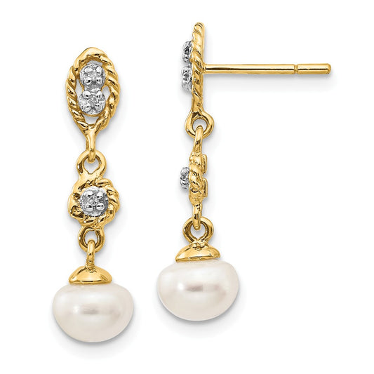 14k & Rhodium 6-7mm Semi-round Freshwater Cultured Pearl .02ct Diamond Dangle Earrings, 15mm x 10mm