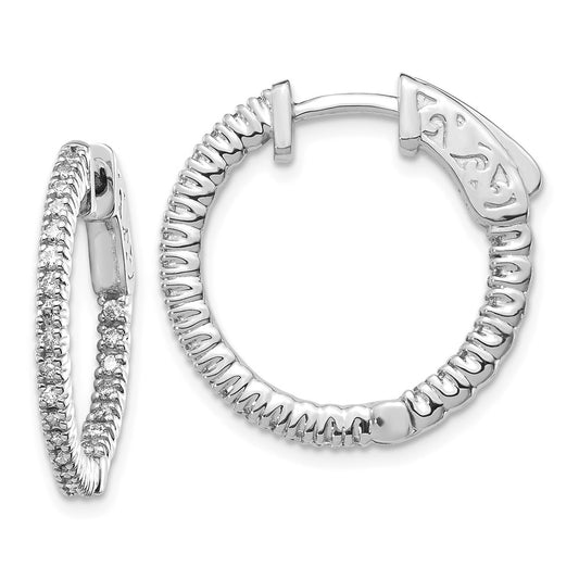 Million Charms 14k White Gold Diamond Round Hoop with Safety Clasp Earrings, 15mm x 15mm