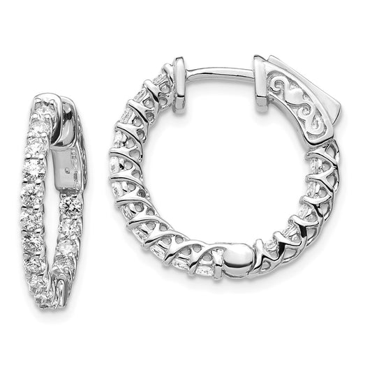 Million Charms 14k White Gold Diamond Round Hoop with Safety Clasp Earrings, 14mm x 14mm