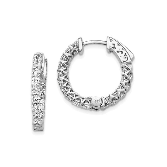 Million Charms 14k White Gold Diamond Round Hoop with Safety Clasp Earrings, 14mm x 14mm