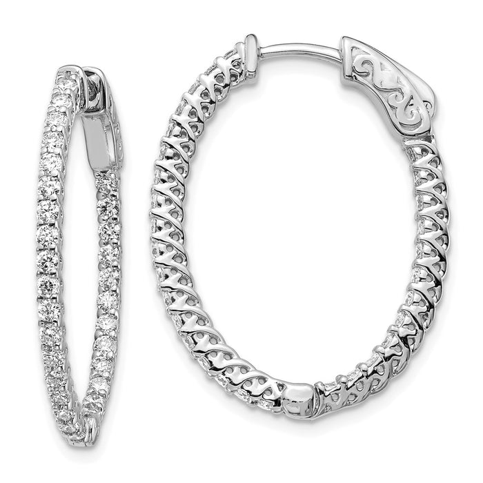 Million Charms 14k White Gold Diamond Oval Hoop with Safety Clasp Earrings, 28mm x 17mm