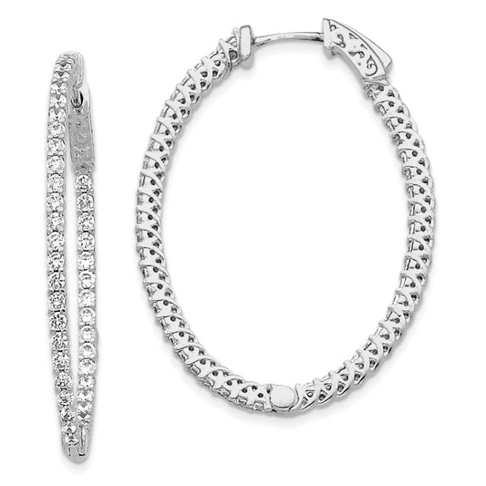 Million Charms 14k White Gold Diamond Oval Hoop with Safety Clasp Earrings, 39mm x 29mm