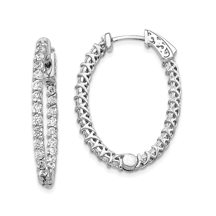 Million Charms 14k White Gold Diamond Oval Hoop with Safety Clasp Earrings, 31mm x 23mm