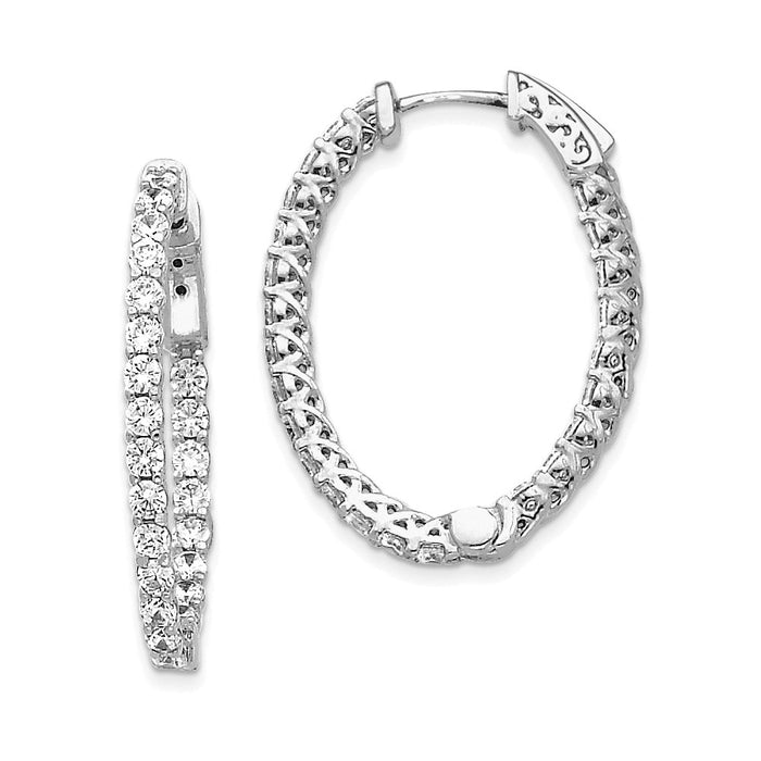 Million Charms 14k White Gold Diamond Oval Hoop with Safety Clasp Earrings, 30mm x 23mm