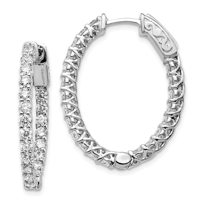 Million Charms 14k White Gold Diamond Oval Hoop with Safety Clasp Earrings, 30mm x 23.5mm