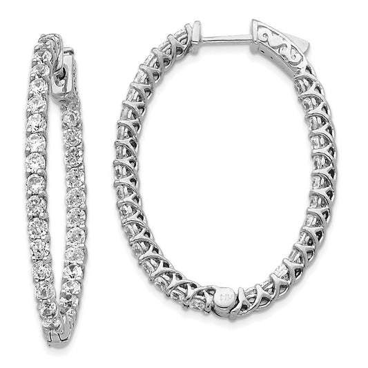 Million Charms 14k White Gold Diamond Oval Hoop with Safety Clasp Earrings, 40mm x 29mm