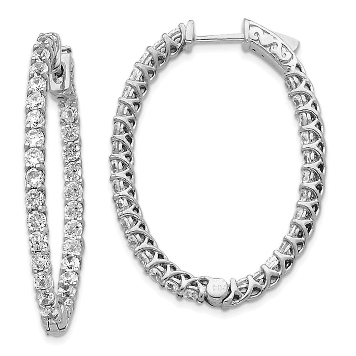 Million Charms 14k White Gold Diamond Oval Hoop with Safety Clasp Earrings, 40mm x 29mm