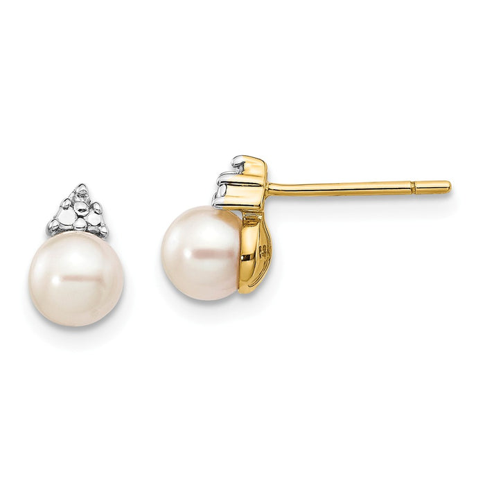 14k Yellow Gold 5-6mm White Round Freshwater Cultured Pearl .01ct Diamond Post Earrings, 8mm x 5 to 6mm