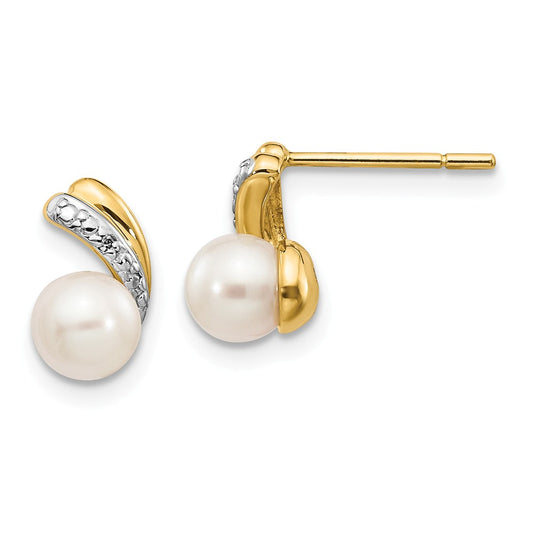 14k Yellow Gold 5-6mm White Round Freshwater Cultured Pearl .01ct Diamond Post Earrings, 9mm x 7mm