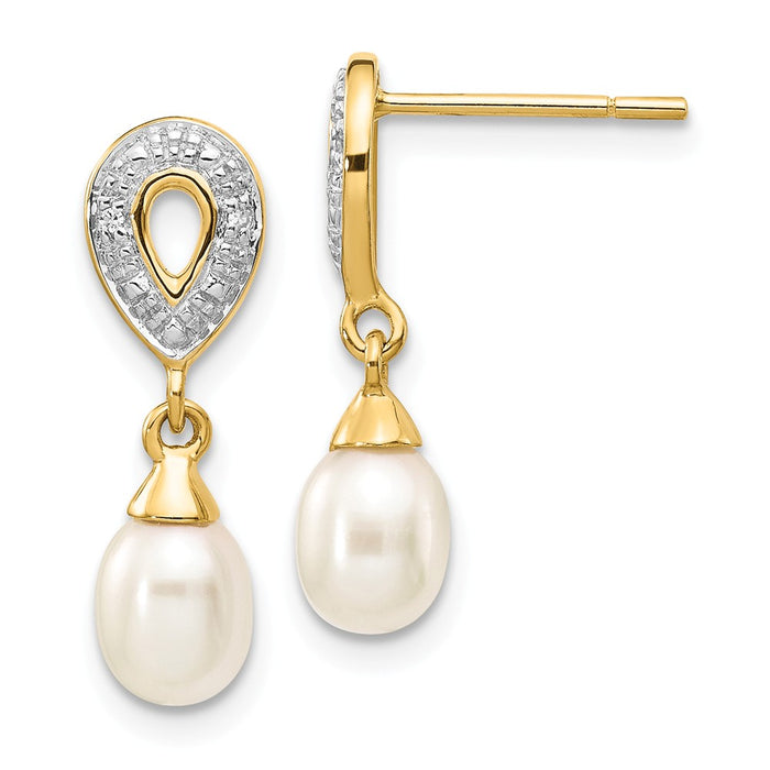 14k Yellow Gold 7x5mm White Teardrop Freshwater Cultured Pearl .01ct Diamond Dangle Earrings, 19mm x 5mm