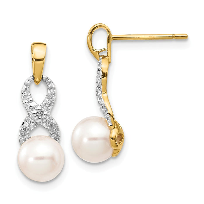 14k Yellow Gold 6-7mm White Round Freshwater Cultured Pearl .01 Diamond Dangle Earrings, 17mm x 6mm