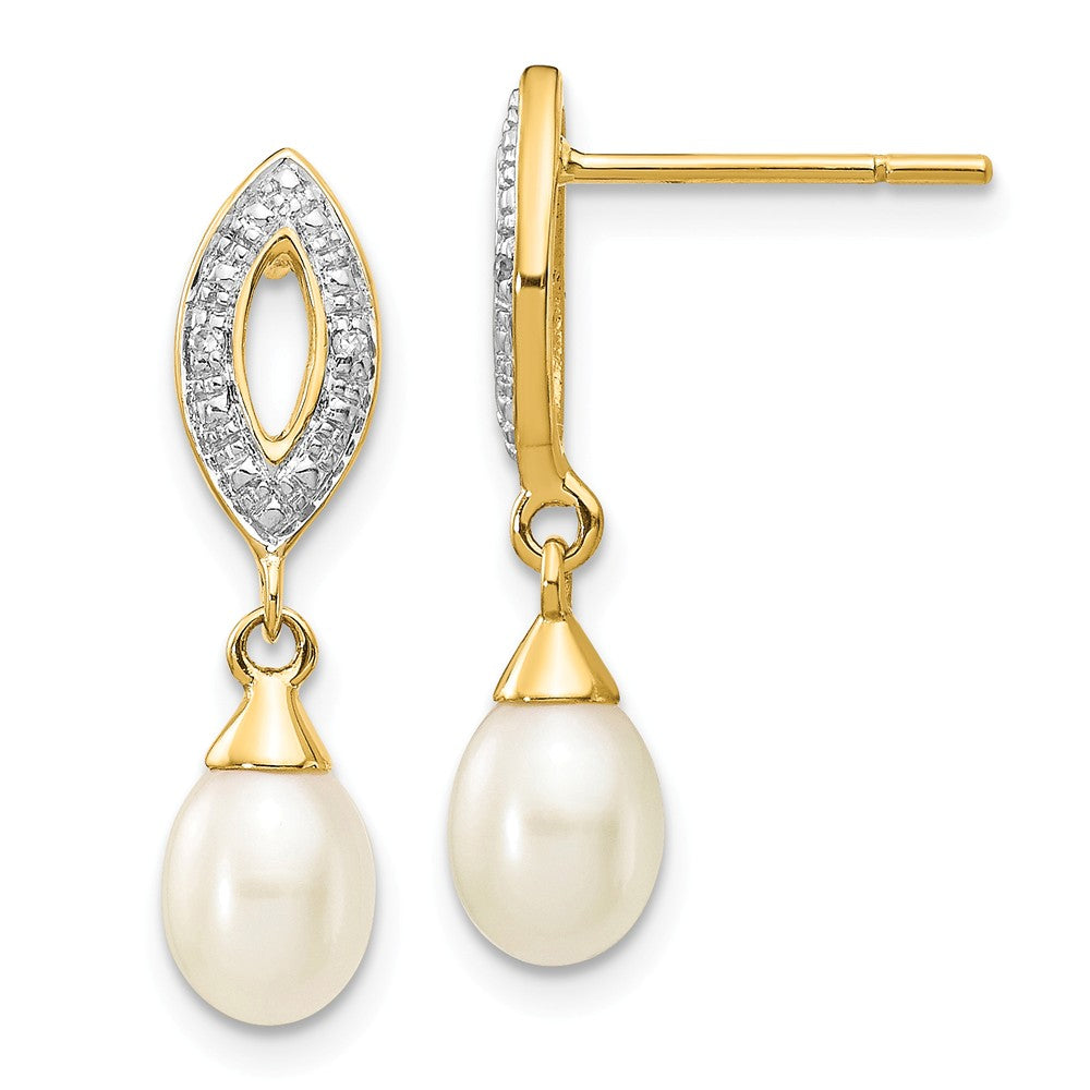 14k Yellow Gold 7x5mm White Teardrop Freshwater Cultured Pearl .01ct Diamond Dangle Earrings, 22mm x 6mm