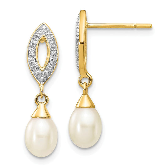 14k Yellow Gold 7x5mm White Teardrop Freshwater Cultured Pearl .01ct Diamond Dangle Earrings, 22mm x 6mm