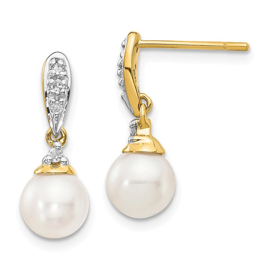 14k Yellow Gold 6-7mm White Round Freshwater Cultured Pearl .08ct Diamond Dangle Earrings, 17mm x 6mm