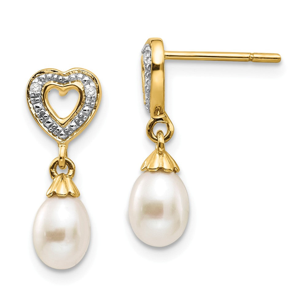 14k Yellow Gold 7x5mm Teardrop Freshwater Cultured Pearl .01ct Heart Diamond Dangle Earrings, 17mm x 6mm