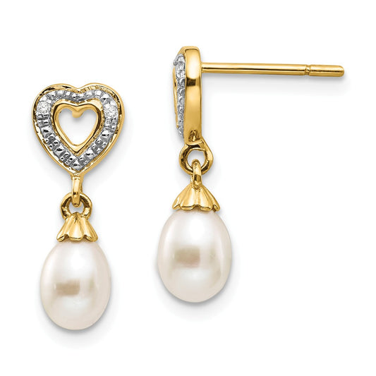 14k Yellow Gold 7x5mm Teardrop Freshwater Cultured Pearl .01ct Heart Diamond Dangle Earrings, 17mm x 6mm