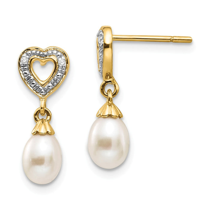 14k Yellow Gold 7x5mm Teardrop Freshwater Cultured Pearl .01ct Heart Diamond Dangle Earrings, 17mm x 6mm