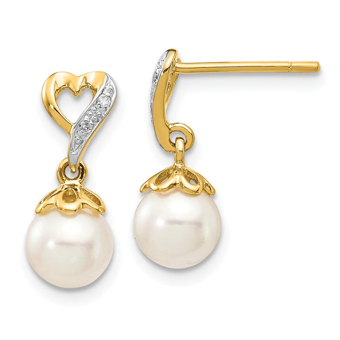 14k Yellow Gold 6-7mm Round Freshwater Cultured Pearl .01ct Heart Diamond Dangle Earrings, 14mm x 6mm