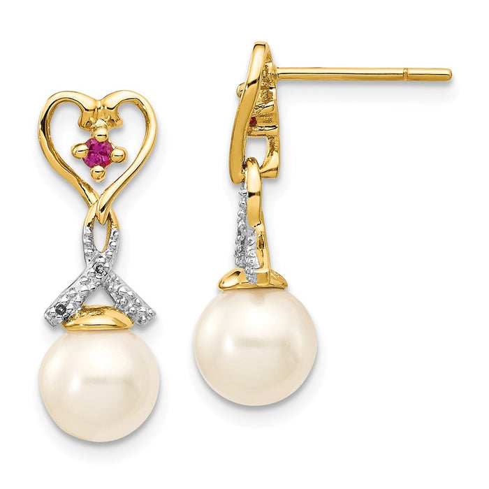 14k Yellow Gold 7-8mm Freshwater Cultured Pearl Created Ruby Diamond Heart Dangle Earrings, 20mm x 7mm