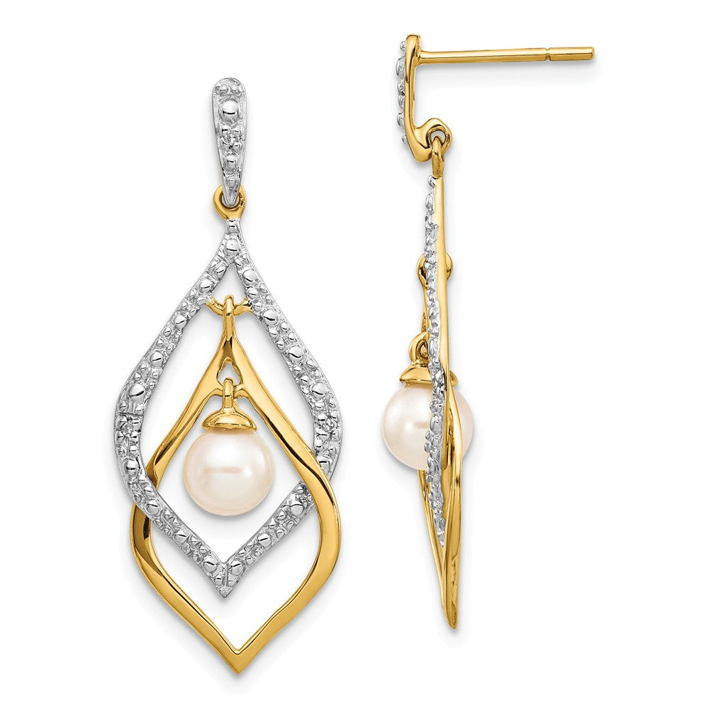 14k Yellow Gold 5-6mm White Round Freshwater Cultured Pearl .02ct Diamond Dangle Earrings, 33mm x 13mm