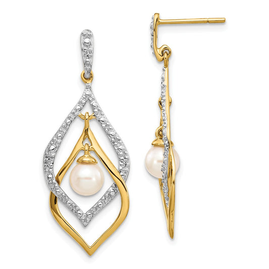 14k Yellow Gold 5-6mm White Round Freshwater Cultured Pearl .02ct Diamond Dangle Earrings, 33mm x 13mm